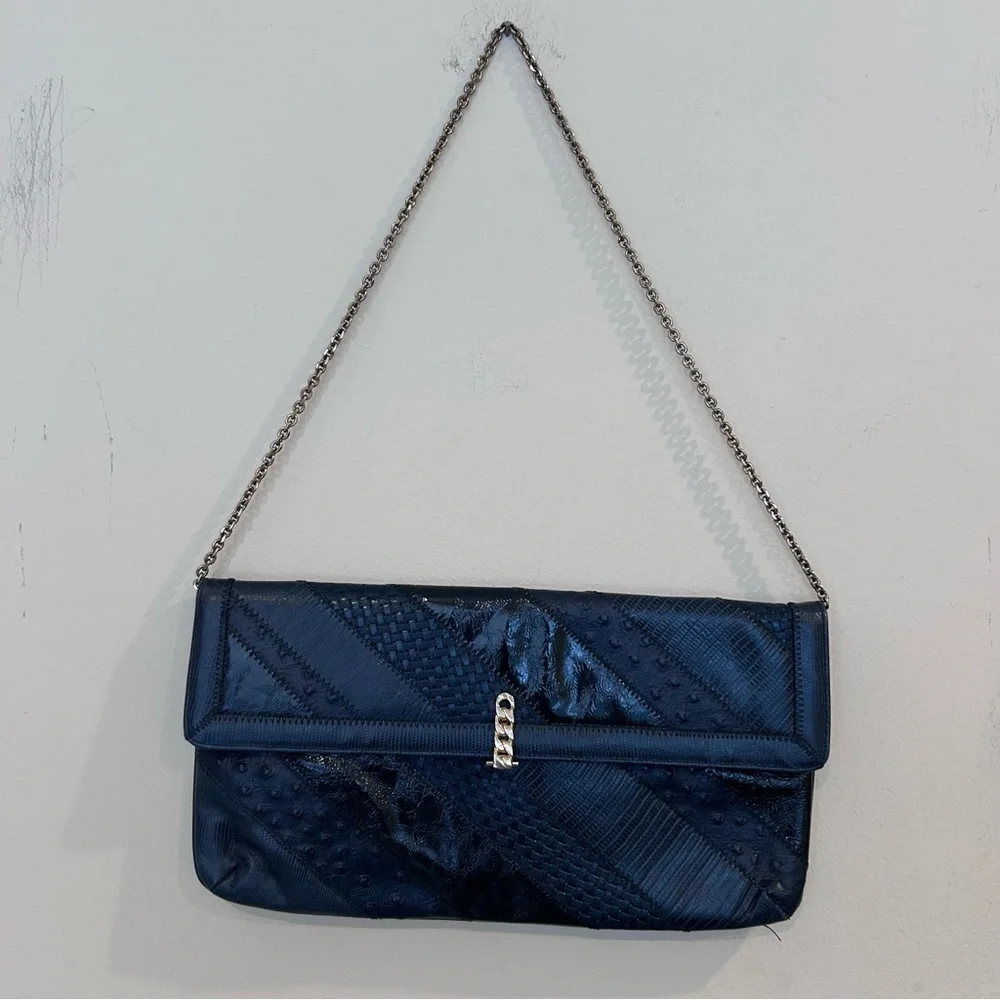 Vintage Caprice Snakeskin Clutch in Blue Hues, circa 1980s chain strap